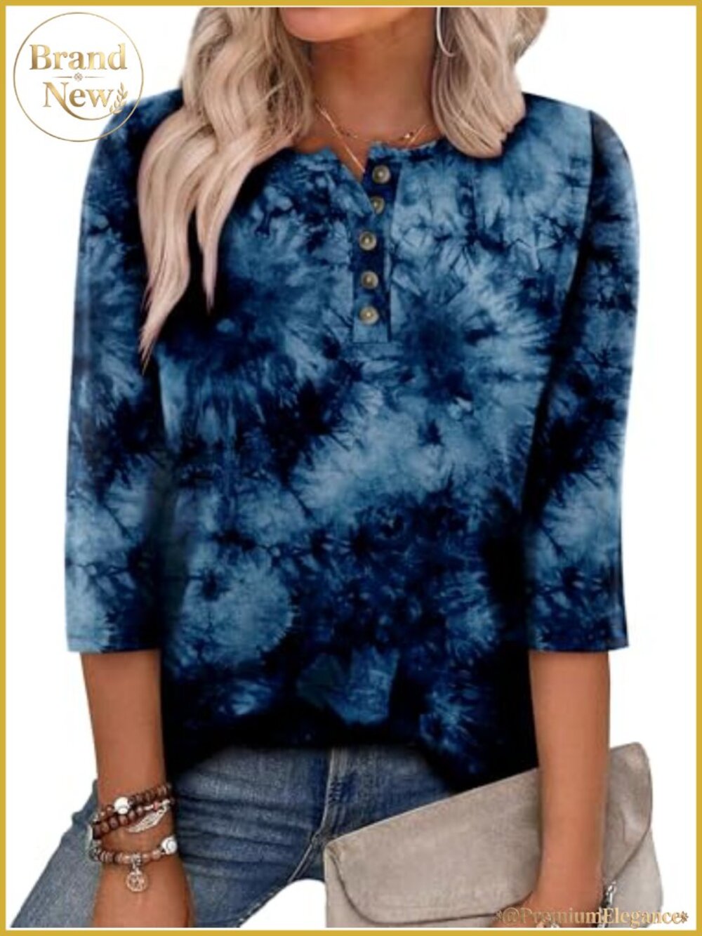 Womens 3/4 Sleeve Tunic Blouse Cotton Blend Crew Neck Button Down Loose Fit